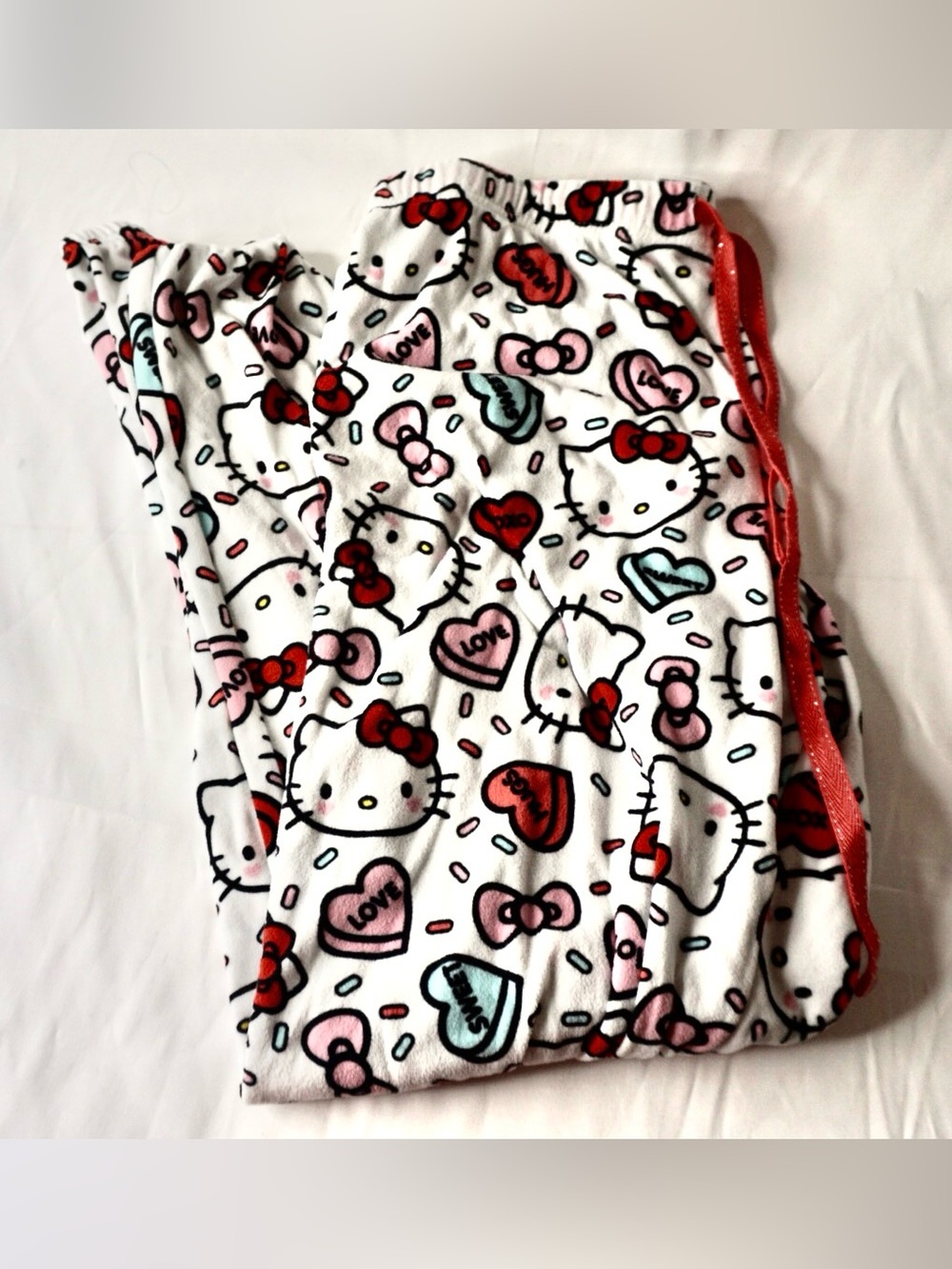Hello Kitty White Pajama Bottoms with Red Bows and Pastel Hearts